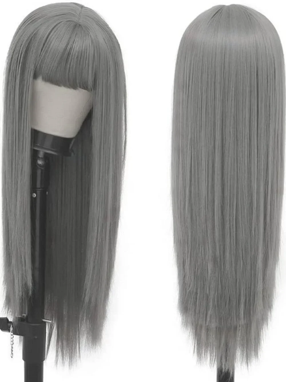 Stylish Grey Long Wig with Bangs - Straight Synthetic Heat-Resistant Hair for